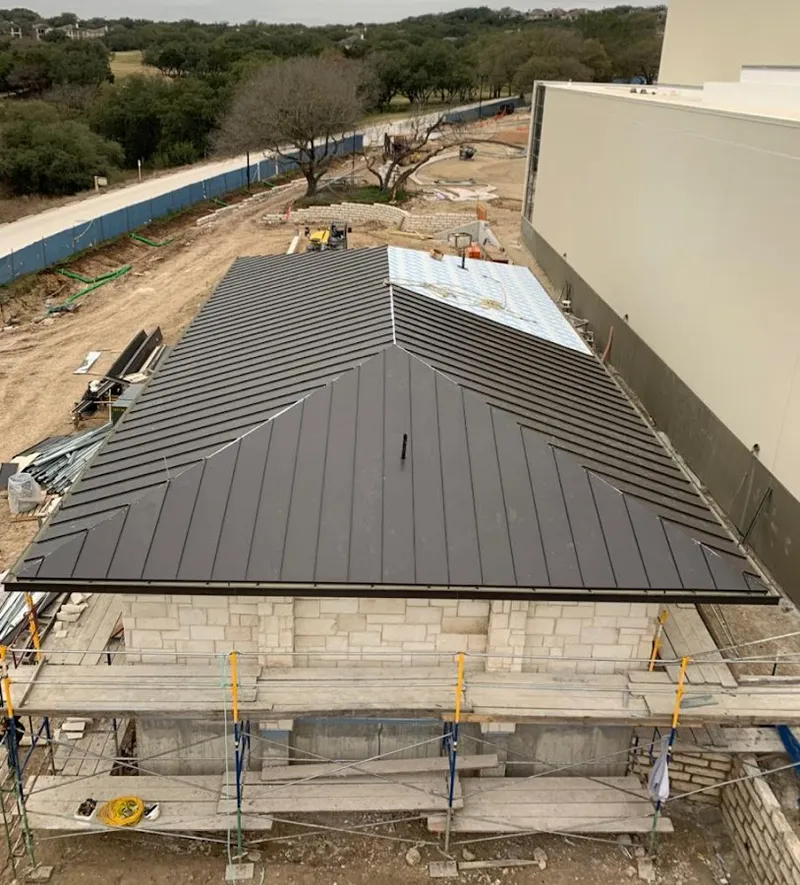 Metal roof new construction with scaffolding in Campbell